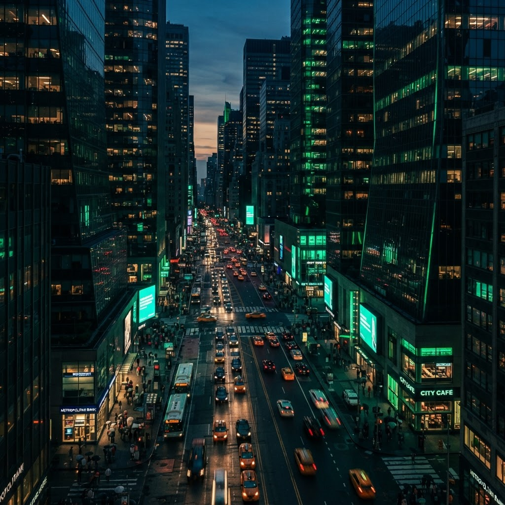 Vista de una ciudad al atardecer con autos circulando